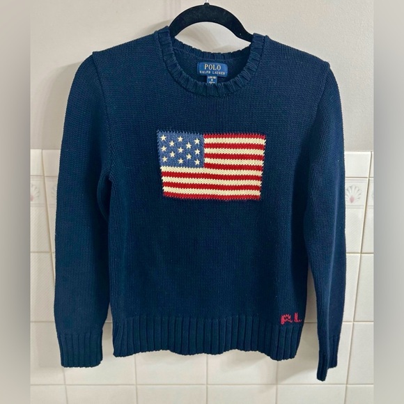 Authentic Vintage Polo Ralph Lauren Navy Blue American Crew Neck Flag Sweater - Picture 1 of 5